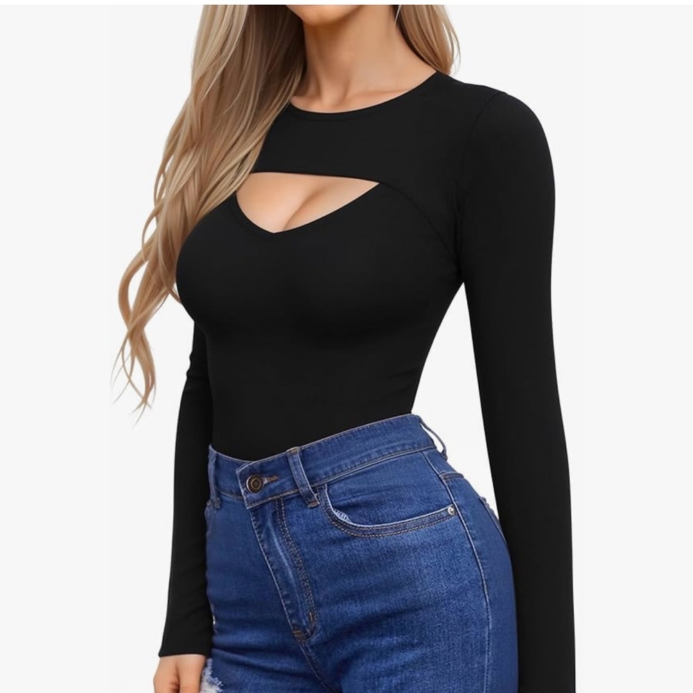 Black Fitted Long Sleeve Cutout Bodysuit